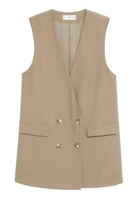 Beige ärmellose Weste mit V-Ausschnitt, doppelreihigem Design, zwei Fronttaschen und Knopfakzenten, gefertigt aus einem glatten Stoff.