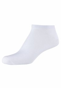 Calzino bianco alla caviglia realizzato in un tessuto morbido ed elastico. Presenta un polsino a coste e una punta liscia e senza cuciture. Design semplice senza motivi o accenti.