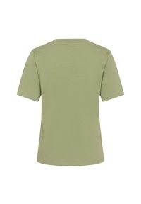 T-shirt à manches courtes et col ras du cou en coton de couleur olive clair. Présente une texture lisse et un design à coupe droite sans ornements.