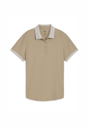 Valaistus beige-poolopaita, jossa on ribbitekstuuri, vaaleanharmaa kaulus ja lyhyet hihat. Neljän napin suljenta kauluksen alla.