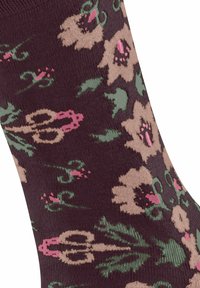 Kniestrümpfe in dunkelviolett mit floralem Muster in Beige-, Rosa- und Grüntönen. Aus strukturiertem Stoff und weichem Strickdesign.