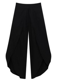 Pantalon noir à jambes larges avec un design asymétrique. Confectionné dans un tissu léger, avec des panneaux latéraux drapés qui créent une silhouette fluide.