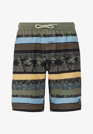 Herren-Badehosen mit einem Mix aus grünen, blauen, schwarzen und gelben Streifen, versehen mit Palmenmotiven und einem elastischen Kordelzugbund.