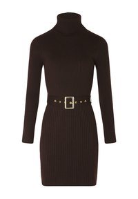 Braunes, geripptes Strickkleid mit langen Ärmeln, hohem Rollkragen und einem breiten Gürtel mit quadrischer goldener Schnalle und Ösen-Details.