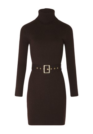 Braunes, geripptes Strickkleid mit langen Ärmeln, hohem Rollkragen und einem breiten Gürtel mit quadrischer goldener Schnalle und Ösen-Details.
