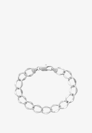 Sidabrinė grandinėlė su ovaliais suvyniotais saitais ir krabų užsegimu ant balto fono.