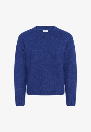 Pull en laine bleu chunky avec un décolleté en V et des poignets côtelés. Fabriqué en fil texturé, présentant une coupe décontractée et un design minimal.
