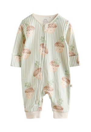 Green striped baby onesie with acorn and leaf pattern, long sleeves, front zipper, and ribbed cuffs. Made from soft, stretchy fabric.