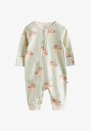 Pijama de bebé a rayas verdes con patrón de bellotas y hojas, mangas largas, cremallera frontal y puños acanalados. Hecho de tela suave y elástica.