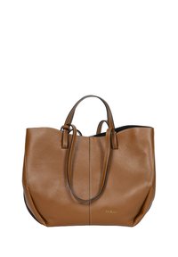 Brązowa skórzana torba tote o teksturowanej powierzchni, z dwoma ramiączkami i kontrastującym czarnym wnętrzem. Charakteryzuje się prostym designem i brakiem ozdób.