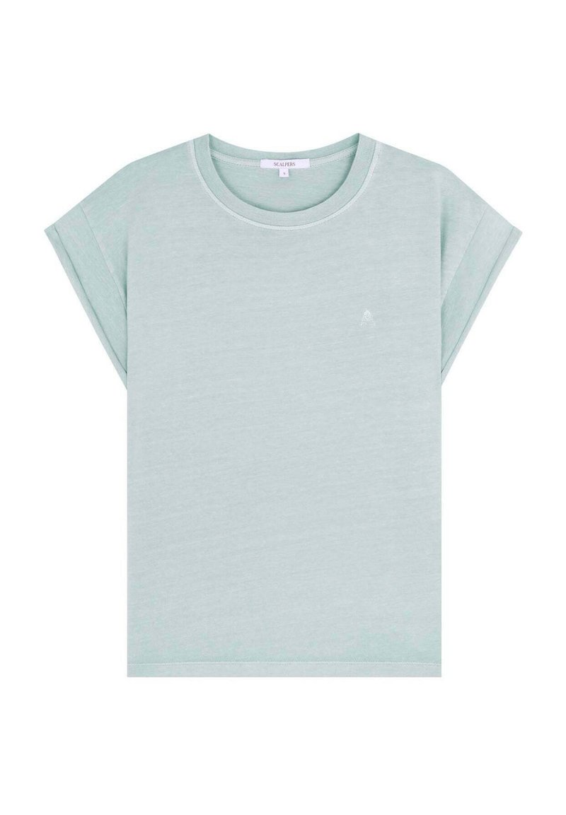 Lys grøn kortærmet bomulds t-shirt med en rund hals og minimalistisk design; har et diskret logo på forsiden.