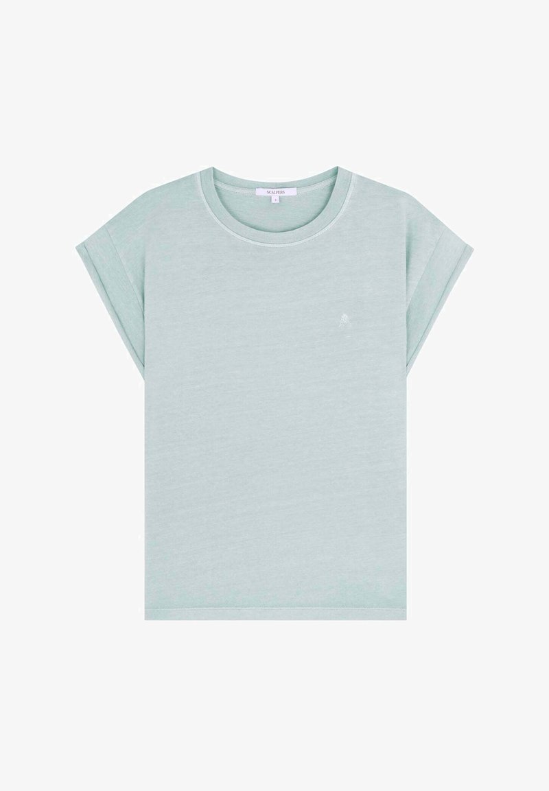 Hellgrünes, kurzärmliges Baumwoll-T-Shirt mit Rundhalsausschnitt und minimalistischer Gestaltung; verfügt über ein dezentes Logo auf der Vorderseite.