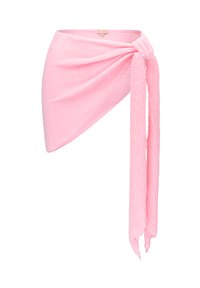 Roze gebreide omslagdoek met een textuurafwerking, voorzien van een tailleband en vloeiende uiteinden. Veelzijdig voor verschillende stijlen en gelegenheden.