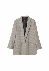 Blazer à carreaux beige et noir, avec un col cranté, des manches longues, deux poches avant, avec une doublure intérieure lisse noire.