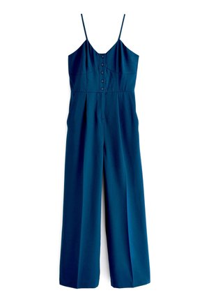Combinaison sans manches bleu marine avec bretelles fines, boutons sur le devant, taille cintrée et pantalons larges.
