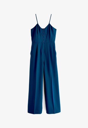 Mono azul marino sin mangas con tirantes finos, botones delanteros, cintura ajustada y pantalones de pierna ancha.