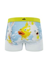Boxers pour hommes avec un motif cartoon bleu et blanc représentant des lapins et un canard en caoutchouc, ceinture jaune et détails en bulles.