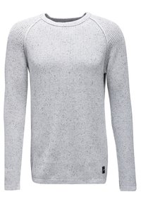 Lichtgrijze gebreide trui met een gestructureerde afwerking, lange mouwen en een ronde hals. Heeft een klein zwart logo aan de onderzijde.