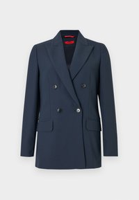 Μπλε ναυτικού διπλόστενο σακάκι με γιακά notch, τέσσερα μαύρα κουμπιά και εμπρόσθιες τσέπες με καπάκι, χωρίς ορατές λεπτομέρειες χρήστη ή φόντου.