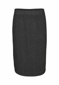 Grijze pencilrok met een aansluitend ontwerp. Verticale streepjes en een gestructureerde stof. Kniestof met een soepele tailleband.