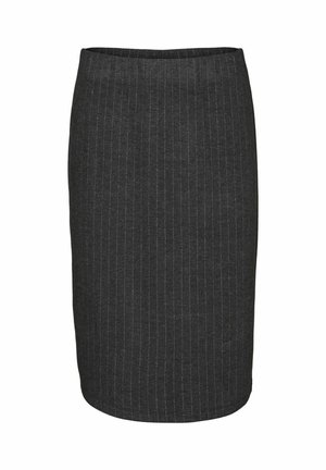 Grå pencil nederdel med en tætsiddende pasform. Lodrette striber og et struktureret stof. Knælængde med en glat talje.}}