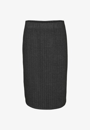 Grå pencil nederdel med en tætsiddende pasform. Lodrette striber og et struktureret stof. Knælængde med en glat talje.}}