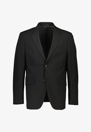 Blazer nero realizzato in tessuto con una texture liscia, caratterizzato da revers a punta, due tasche frontali e due bottoni. Nessun motivo visibile.