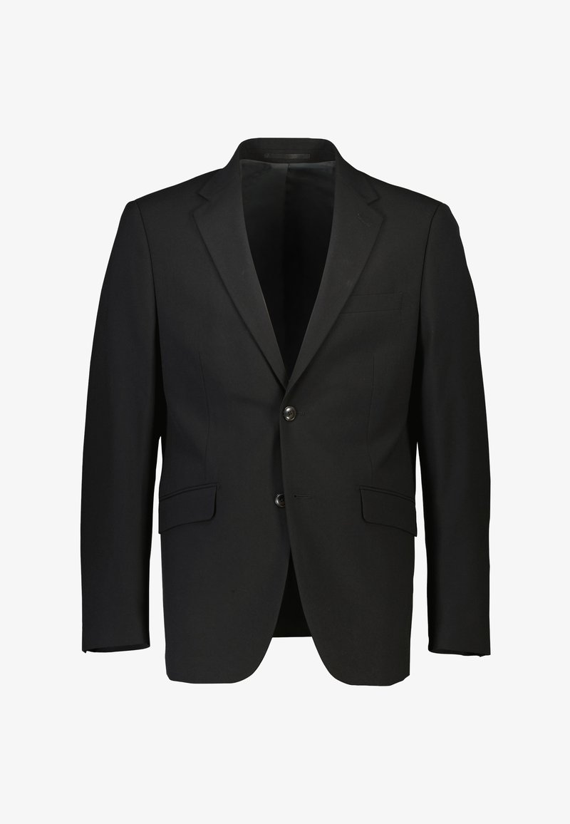 Blazer nero realizzato in tessuto con una texture liscia, caratterizzato da revers a punta, due tasche frontali e due bottoni. Nessun motivo visibile.