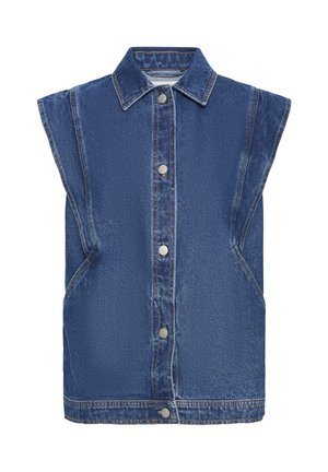 Chaleco sin mangas de mezclilla azul con cierre de botones al frente, cuello clásico y detalles de costuras visibles.
