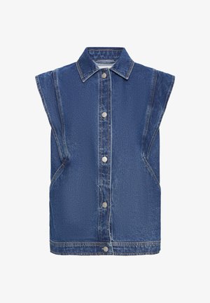 Chaleco sin mangas de mezclilla azul con cierre de botones al frente, cuello clásico y detalles de costuras visibles.