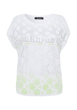 Witte top met korte mouwen en een ronde halslijn, voorzien van groene en grijze cirkelpatronen en de tekst "FASHION" in rhinestones.
