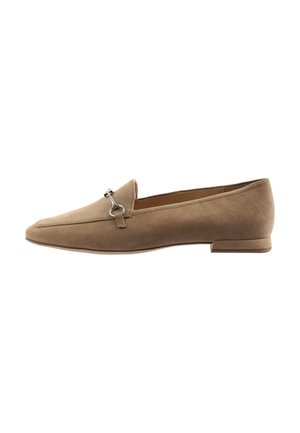 Tan suede loafers with a tapered design, featuring a small silver-tone hardware accent and a low heel. Smooth texture with minimal stitching.