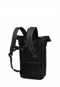 Black backpack made of durable fabric, featuring adjustable straps, a front zipper pocket, and a textured design on the back.