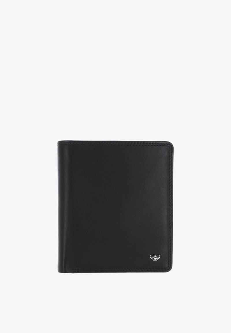 Portefeuille carré en cuir noir avec bords cousus et petit logo argenté dans le coin inférieur droit sur fond blanc.