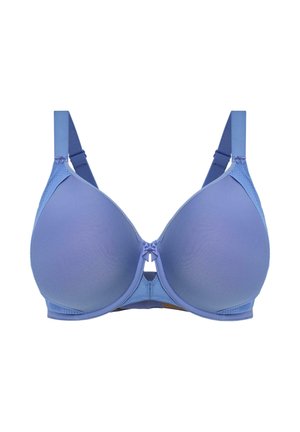 Light blue padded bra with smooth cups, adjustable straps, and a small bow detail at the center. Features a structured design and soft texture.