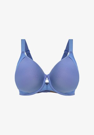 Vaaleansininen pehmustettu liivi, jossa on sileät kuppit, säädettävät olkaimet ja pieni nauhakoristus keskellä. Sisältää rakenteellisen muotoilun ja pehmeän pinnan.