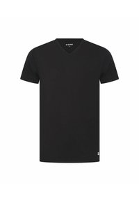 Schwarzes Kurzarm-V-Ausschnitt-T-Shirt in Größe M mit kleinem weißen Logo nahe dem unteren Saum auf weißem Hintergrund.