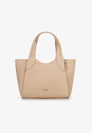 Beige Leder-Shoppertasche mit glatter Textur, abgerundetem Oberteil und kurzen Griffen. Mit einem kleinen metallischen Logo auf der Vorderseite.