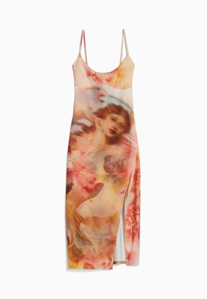 Slip kjole med tynde stropper med farverigt abstrakt print af et sløret klassisk maleri af en kvinde og blomster motiver.