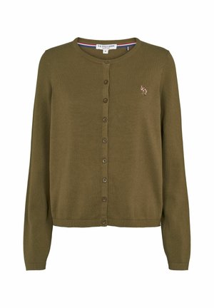 Olijfgroene cardigan, gemaakt van zachte stof, met een ronde halslijn, knoopsluiting aan de voorkant, lange mouwen en een klein geborduurd logo op de borst.
