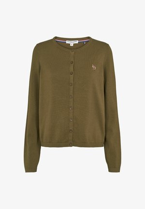 Olive rohelise värvi kardigan, mis on valmistatud pehmest kangast, ümmarguse kaeluse, nööpide eesclosingi, pikkade varrukate ja väikese tikandi logoga rinnal.