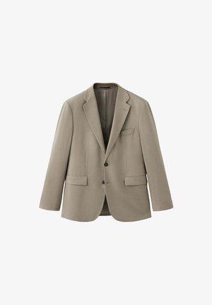 Blazer beige pour homme avec deux boutons, revers crantés, deux poches à rabat devant et une poche poitrine, présenté sur fond blanc.