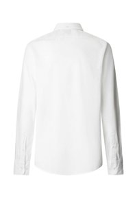 Wit overhemd met lange mouwen, van achteren getoond, met manchetten met knopen en een klassieke kraag, tegen een effen witte achtergrond.