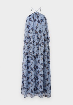 Ærmeløs, lagdelt kjole i lyseblåt stof med blomstermønster i marineblå og brun. Har tynde skulderremme og en flydende silhuet.
