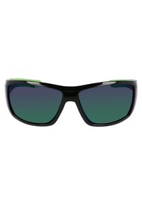 Occhiali da sole neri con accenti verdi, caratterizzati da un design elegante e angolare e lenti sfumate di un verde scuro. Nessun marchio o decorazione visibile.