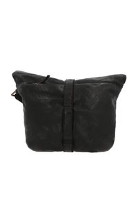 Black leather handbag with a textured finish, triangular shape, and a simple strap. Features a top opening and minimalistic design.