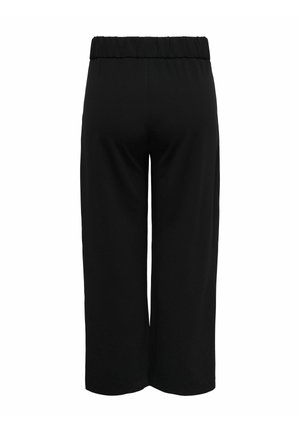 Zwarte cropped broeken met een elastische tailleband, gemaakt van gladde stof. Heeft een losse pasvorm met wijd uitlopende benen en geen zichtbare zakken of versieringen.