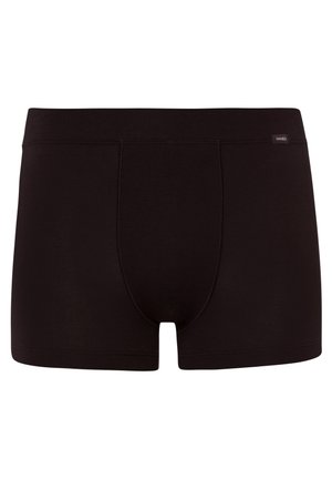 Bóxer de algodón negro con un diseño ajustado, textura suave y una etiqueta con el logo en la cintura. Detalles de costura a lo largo de los lados.