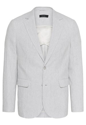Blazer a rayas en gris claro y blanco, con dos bolsillos frontales, un cierre de un solo botón y un forro interior suave. Corte ajustado.