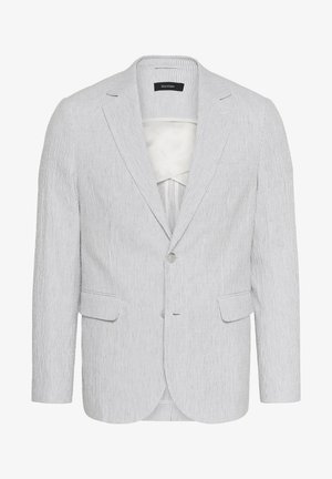 Csíkos blézer világosszürke és fehér színben, két elülső zsebbel, egy gombos záródással és sima bélésű belső résszel. Testhezálló fazon.